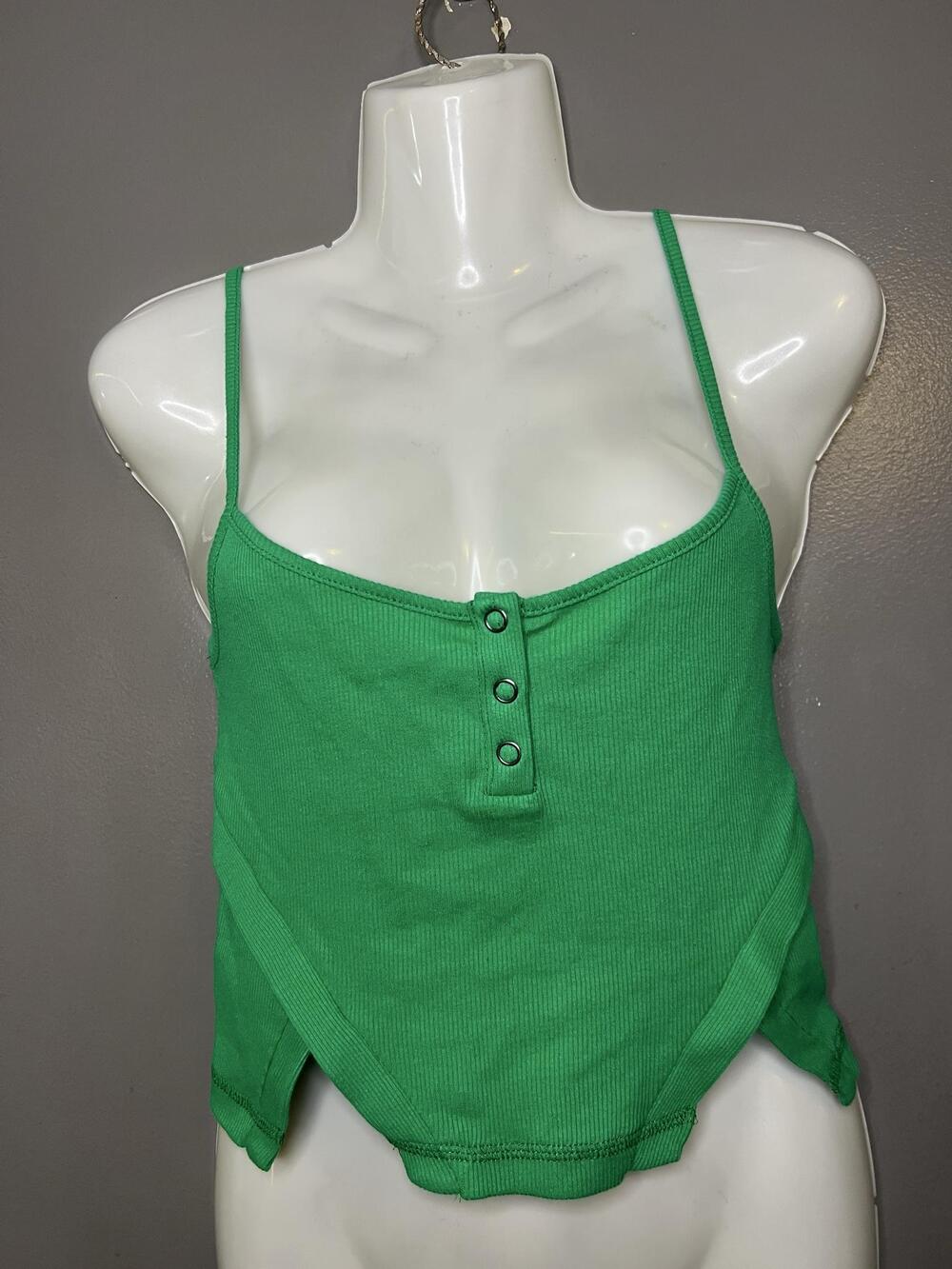 Urban Outfitters Tank Top Womens Medium Green Ribbed Henley Cropped Cami Strappy
